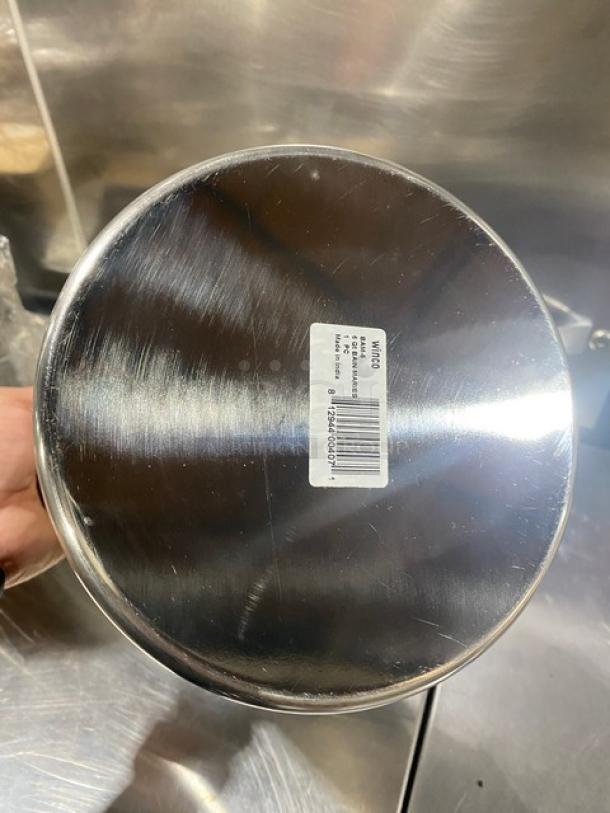 Winco Commercial Stainless Steel 6 Qt. Round Bain Marie, Model BAM-6, brand new, with product label visible on the bottom.
