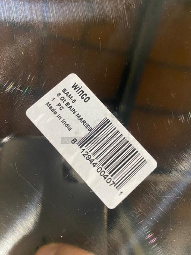 Winco BAM-6 stainless steel 6 qt. bain marie, brand new with label showing model and barcode. Made in India.