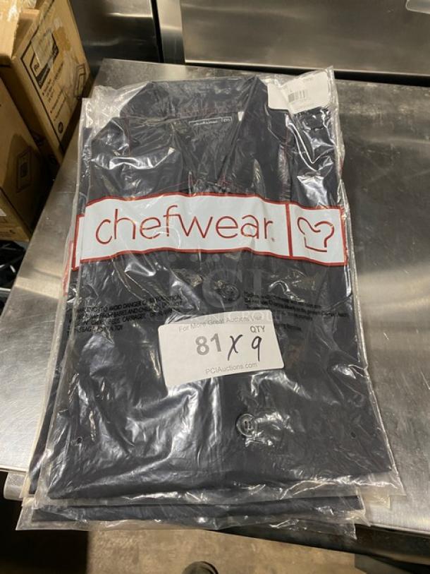 Brand new Chefwear CW1333CW30 black L-size chef pants in packaging. Clear packaging shows label and quantity 9X.