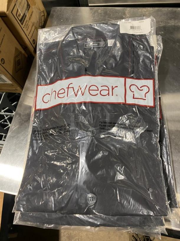 Brand new Chefwear black chef pants, Model CW1333CW30, size L in packaging. Marked "chefwear" with a logo.