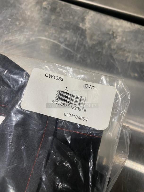Brand new Chefwear black chef pants, size L, model CW1333-CW30. Packaged with label showing model and size.