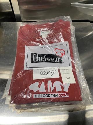 Brand new Chefwear red polyester/cotton blend bar shirt, size 3X. Model 1310. Original packaging with labels visible.