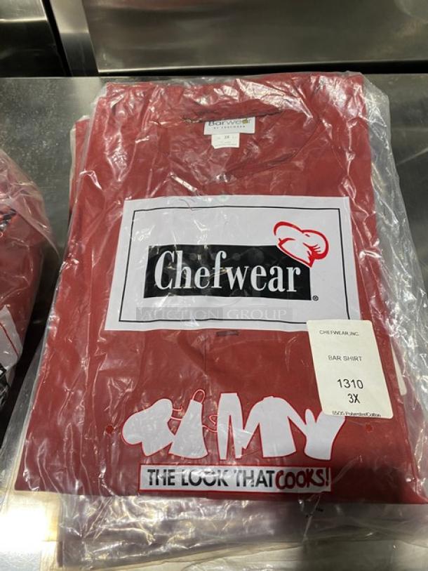 Brand new Chefwear 1310 bar shirt, red polyester/cotton blend, size 3X, in packaging with labels.