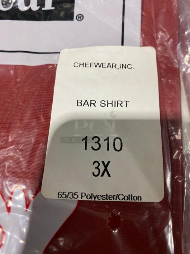 Brand new Chefwear bar shirt, model 1310, in red. Size 3X, 65/35 polyester/cotton blend.