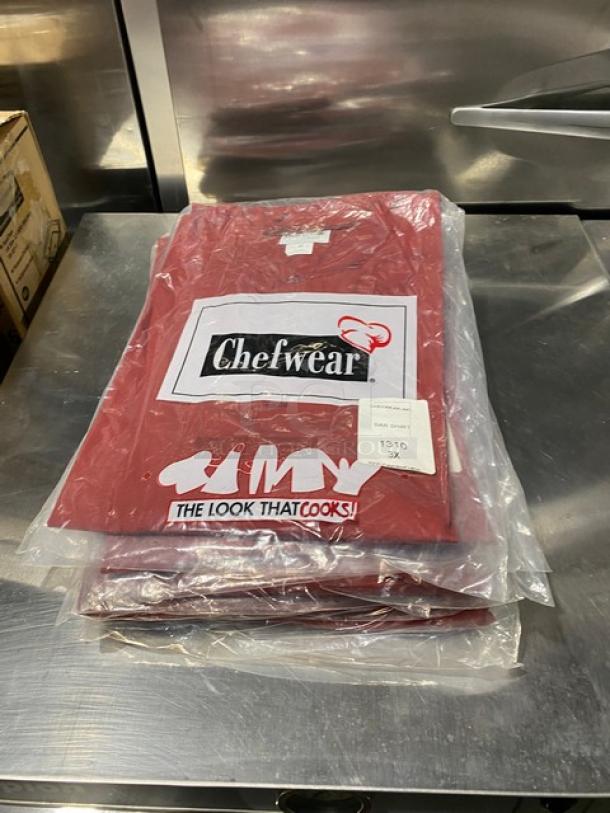 Brand new Chefwear red polyester/cotton blend bar shirt, size 3X, model 1310, in original packaging.