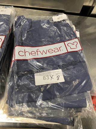Brand new Chefwear navy-blue 2-pocket chef apron, model CW1648CW73, sealed in packaging, tagged for auction sale.