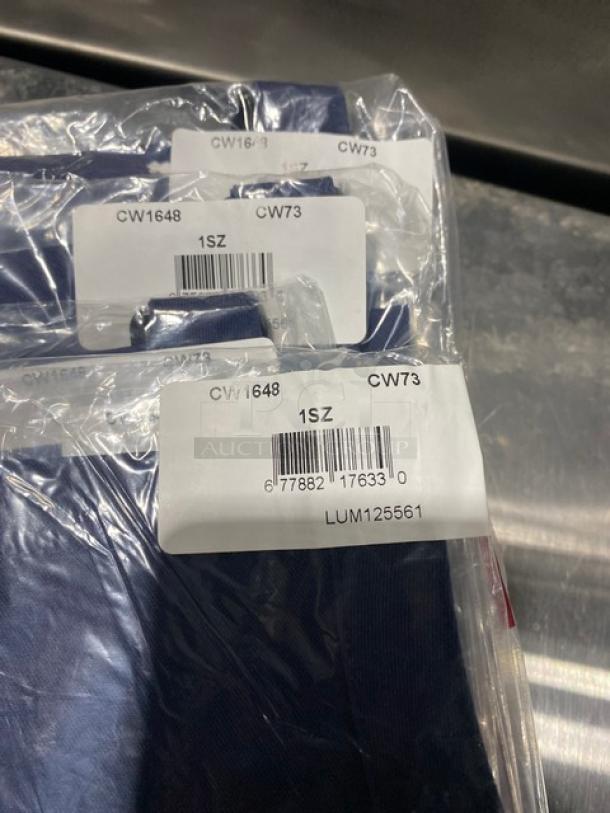 Brand new Chefwear navy-blue chef apron, model CW1648CW73, one size, 2 pockets, in original packaging with labels.