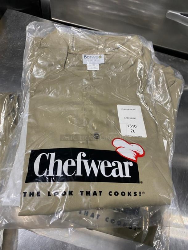 Brand new Chefwear Barwear Series Model 1310 beige bar shirt. 2X size, polyester/cotton blend, in original packaging.
