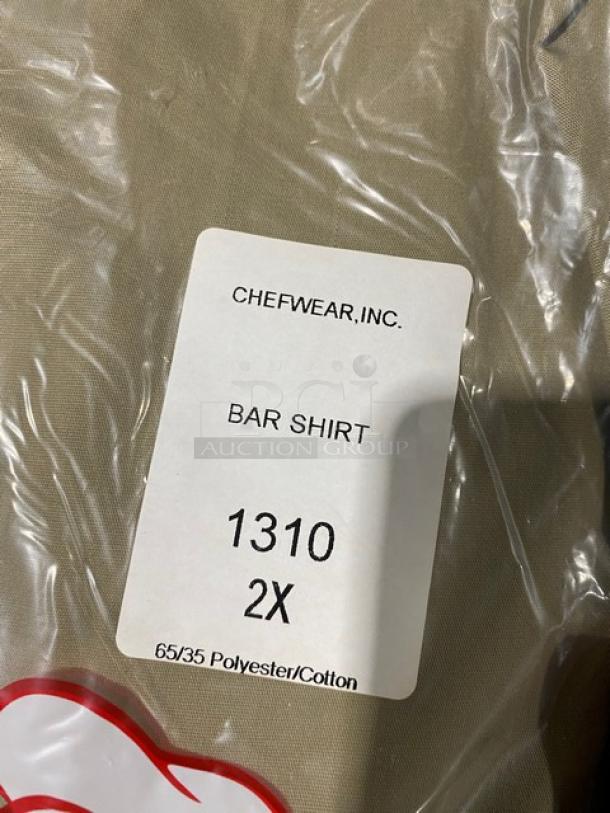 Brand new Chefwear Barwear Series beige bar shirt, model 1310, 2X size. 65/35 polyester-cotton blend. Packaged.