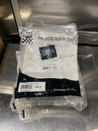 Brand new Chef Revival LJ027S ladies chef jacket, size S. White polyester/cotton blend, packaging intact.