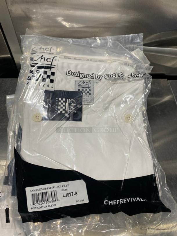 Brand new Chef Revival LJ027S ladies' chef jacket, white polyester/cotton blend, size S, original packaging, stylish and durable.