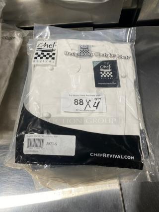 Brand new Chef Revival white chef jacket, model J023-S, size S. Features push-thru buttons. Sealed in original packaging.