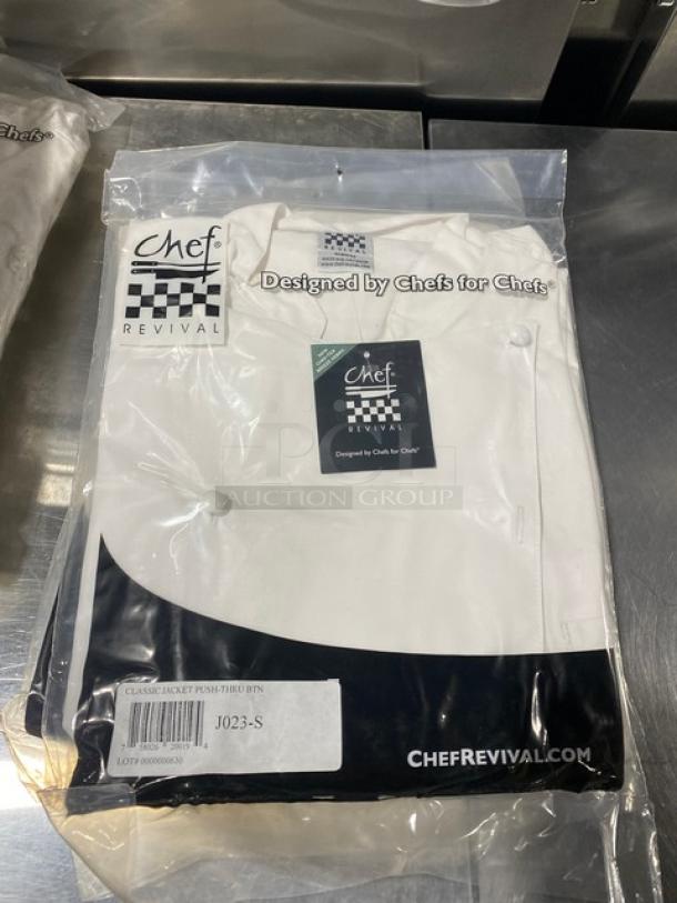 Brand new Chef Revival J023S chef jacket, size S, in packaging. White with push-thru buttons, "Designed by Chefs for Chefs."