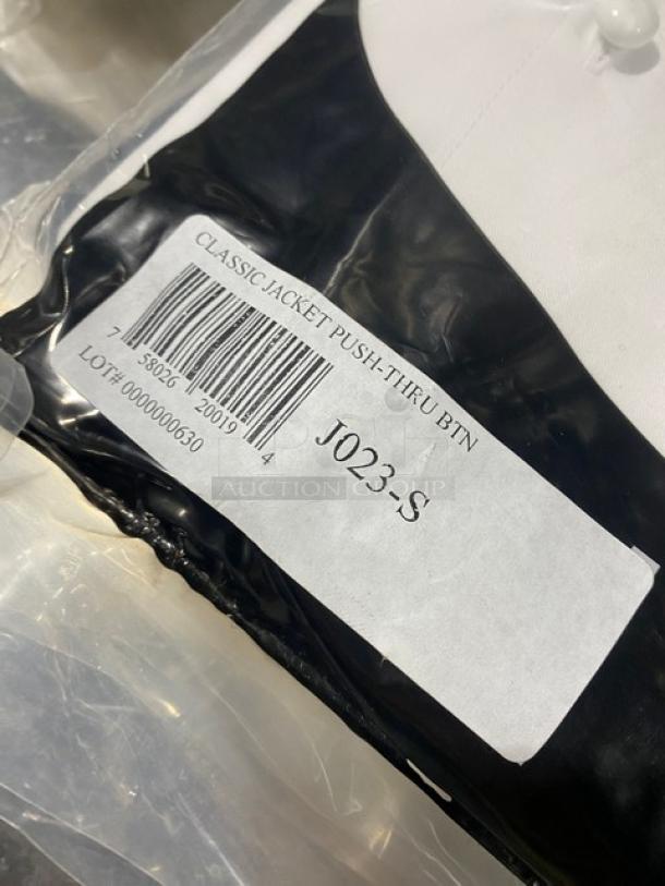 Chef Revival Classic Chef Jacket, Model J023-S, new with tags. White, small size, push-thru buttons, in packaging.