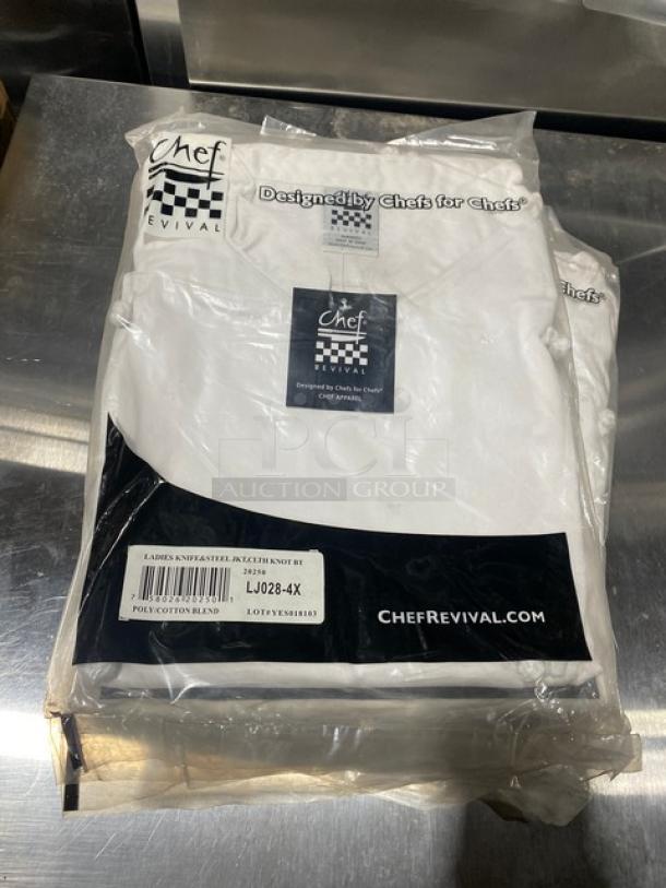 Brand new Chef Revival LJ028-4X ladies chef jacket in white, polyester/cotton blend, 4X size. In original packaging.