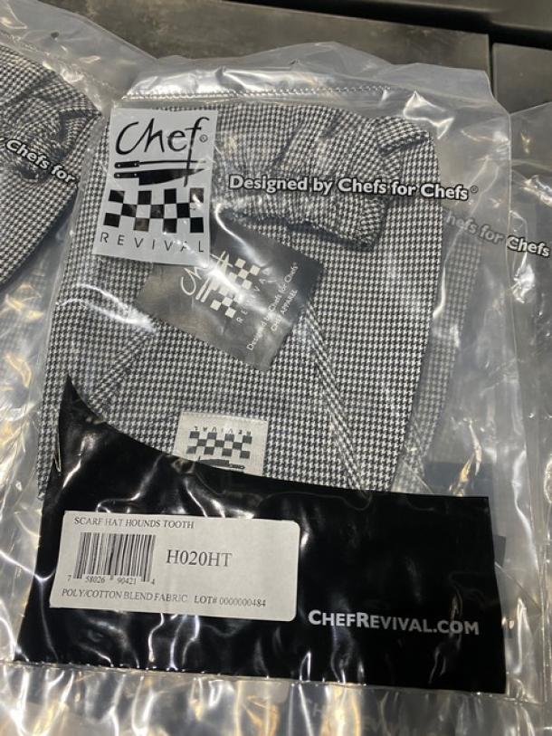Chef Revival H020HT headwrap, black & white houndstooth, polyester/cotton blend, new in packaging, chef-designed, labeled.