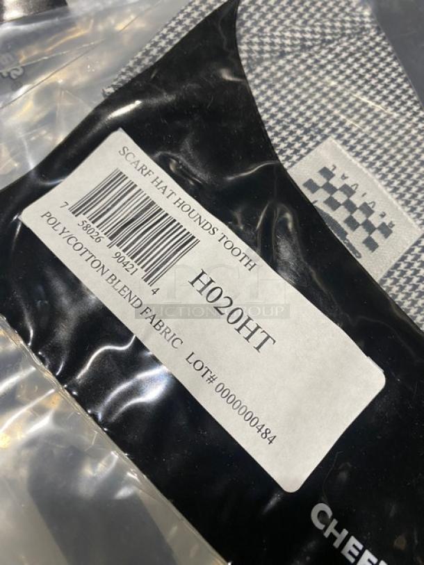 Brand new Chef Revival H020HT black and white houndstooth chef headwrap, polyester/cotton blend, in packaging with label.