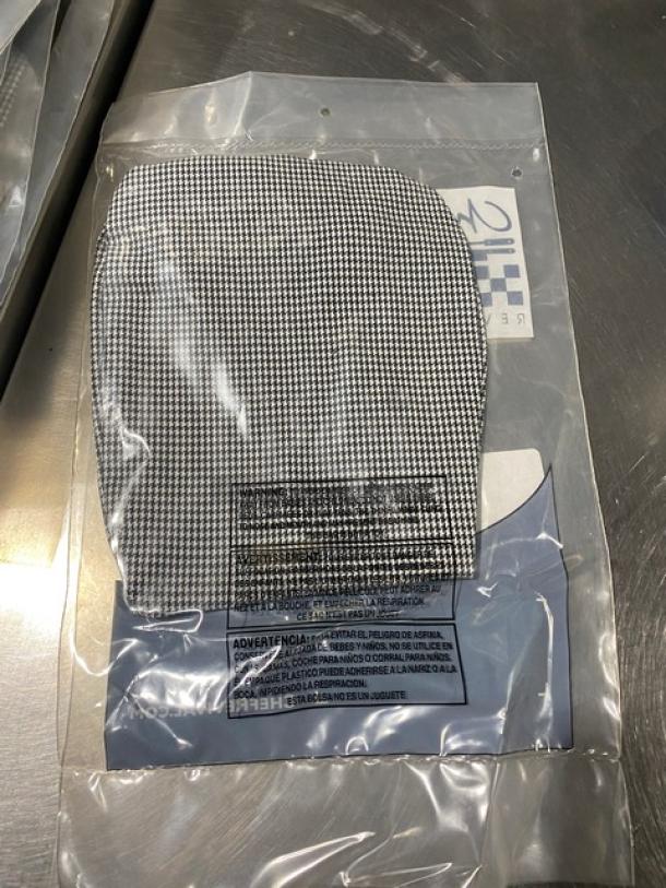 Brand new Chef Revival H020HT black & white houndstooth chef headwrap/scarf hat in sealed packaging. Polyester/cotton blend.
