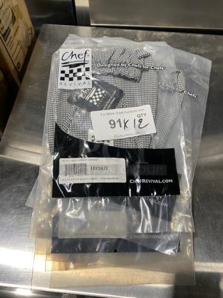 Chef Revival H020HT headwrap in black and white houndstooth, brand new in packaging, polyester/cotton blend.