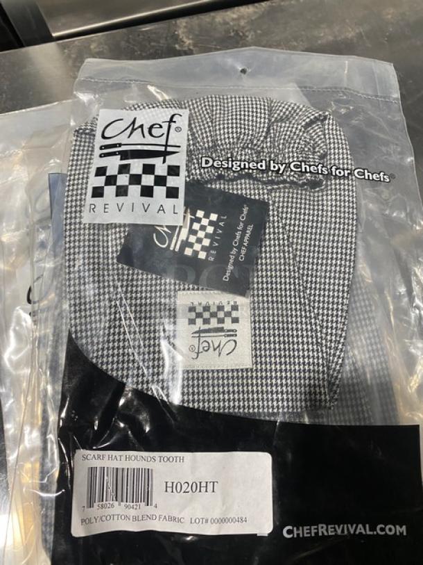 Chef Revival H020HT houndstooth chef headwrap, new in package. Black/white polyester/cotton blend. Designed for chefs.