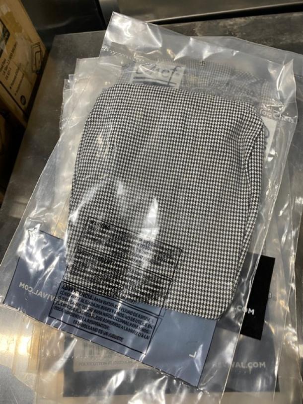 Brand new Chef Revival H020HT houndstooth chef headwrap/scarf hat in packaging. Polyester/cotton blend.