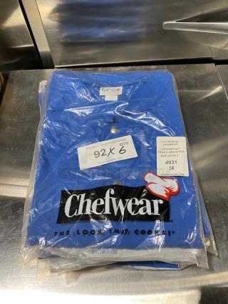 Brand new Chefwear bar jacket, model 4931, size 5X, blue polyester/cotton blend, single-breasted, in packaging.
