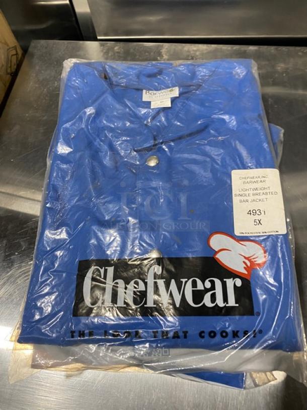 Brand new Chefwear blue polyester/cotton blend bar jacket, model 4931, size 5X. Lightweight, single-breasted design.