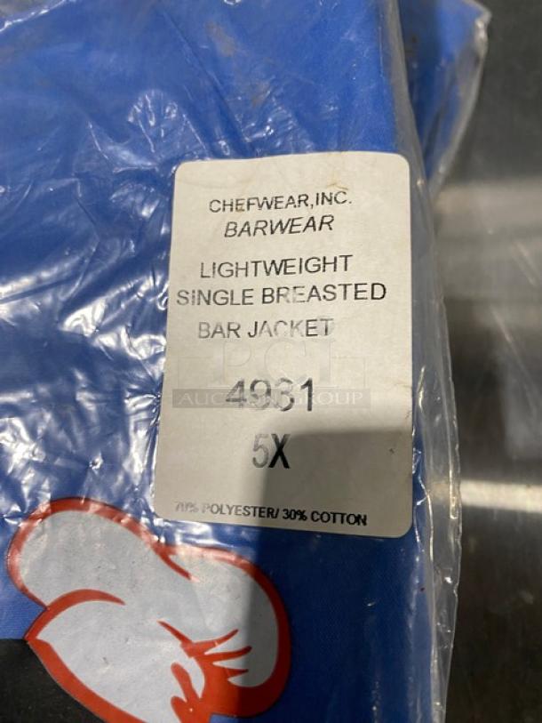Chefwear blue bar jacket, model 4931, size 5X. Brand new, polyester/cotton blend. Single-breasted, lightweight.