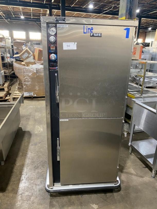 FWE MTU-12PDD stainless steel 12-pan heated cabinet with Dutch door, moisture-temp humidifier system, on casters.