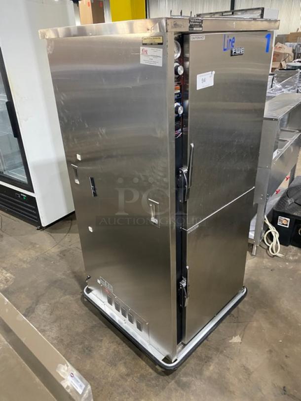 FWE MTU-12PDD stainless steel heated holding cabinet, 12-pan capacity, Dutch door design, Moisture-Temp humidifier, on casters.