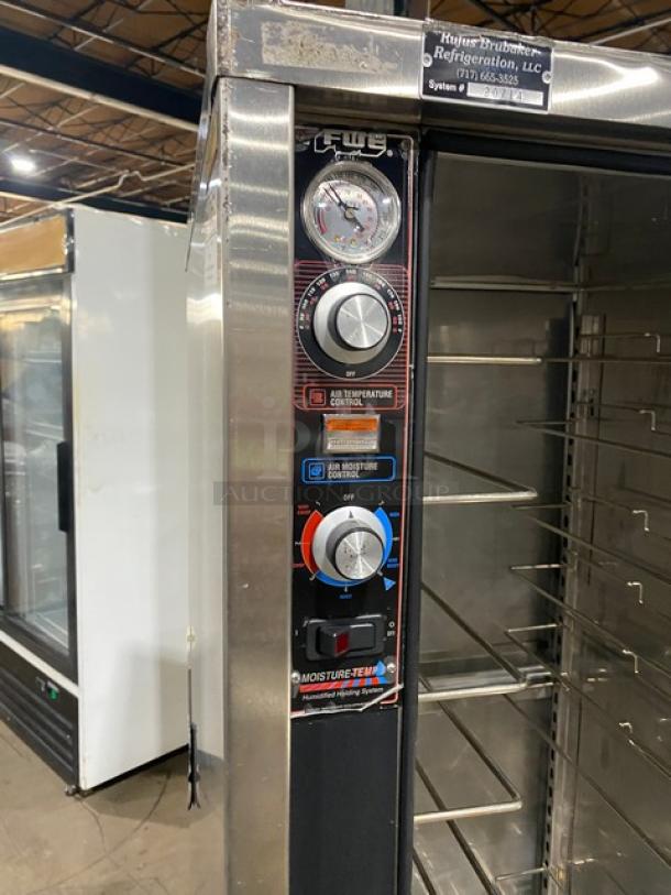 FWE MTU12PDD stainless steel heated holding cabinet with controls, adjustable wired tray slide, and moisture-temp humidifier system.