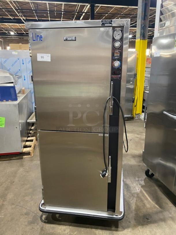 FWE stainless steel Dutch door heating cabinet, model MTU-12PDD, with humidifier system, adjustable tray slides, on casters.
