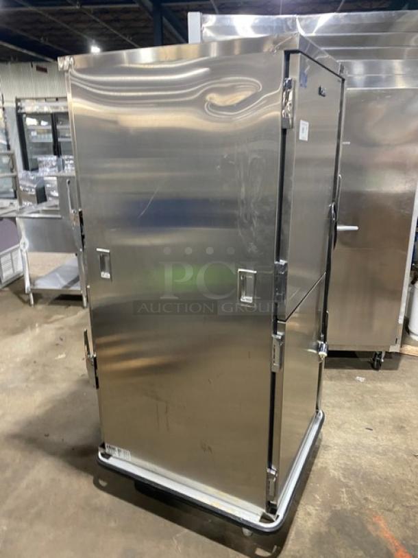 FWE MTU-12PDD stainless steel heated holding cabinet, featuring a 12-pan capacity, moisture-temp humidifier system, adjustable tray slides, and casters.