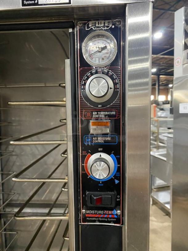 FWE MTU-12PDD heated holding cabinet with moisture-temp humidifier, air controls, stainless steel, adjustable tray slides, on casters.