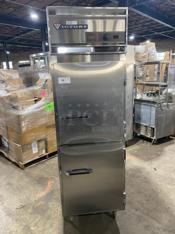 Victory stainless steel electric pass-thru warming cabinet, model HA-1D-7-PT, wide pan slides, on legs, commercial use.