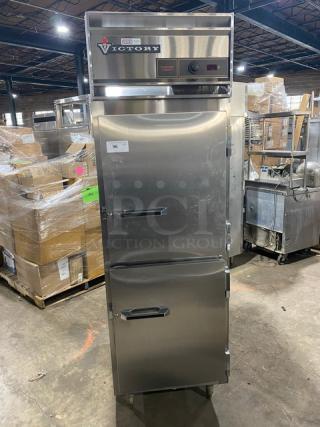 Victory stainless steel electric pass-thru warming cabinet, model HA-1D-7-PT, wide pan slides, on legs, commercial use.