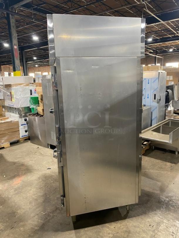 Victory HA1D7PT stainless steel pass-thru heated holding cabinet, electric powered, with wide pan slides, on legs, commercial use.