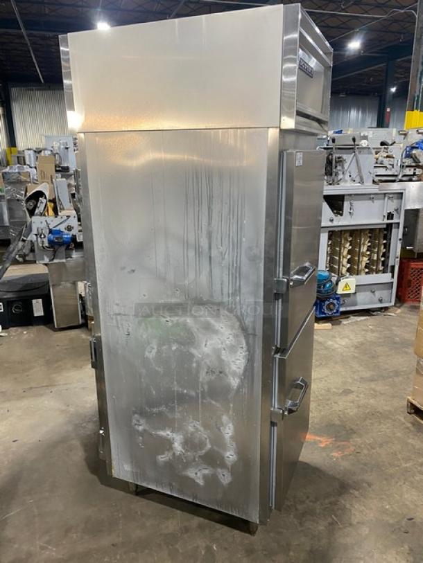 Victory stainless steel heated holding cabinet, Model HA-1D-7-PT. Features Dutch door, wide pan slides, visible wear, on legs.