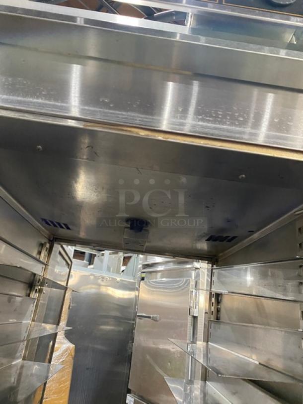 Victory Commercial Stainless Steel Dutch Door Warming Cabinet, Model HA1D7PT. Features wide pan slides, electric powered, on legs.