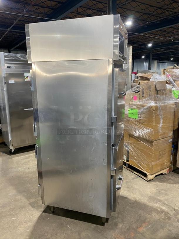 Victory Commercial Stainless Steel Dutch Door Pass-Thru Heated Cabinet, Model HA-1D-7-PT, 115/208-240V, on legs, with wide pan slides.