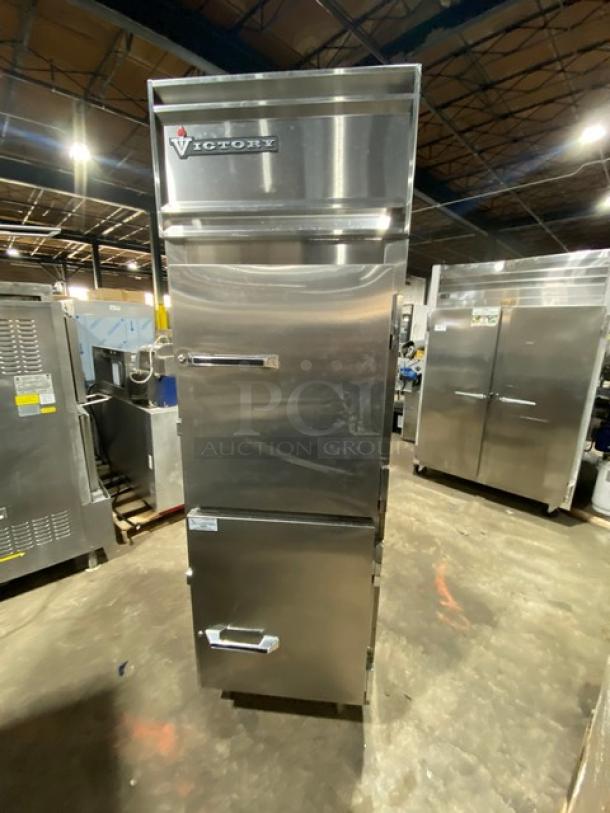 Victory HA-1D-7-PT stainless steel pass-thru heated holding cabinet with Dutch doors, wide pan slides; on legs; SN: A9547V428.