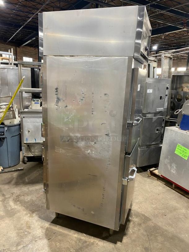 Victory stainless steel Dutch door pass-thru heated cabinet, model HA-1D-7-PT, on legs. Electric, wide pan slides, used condition.