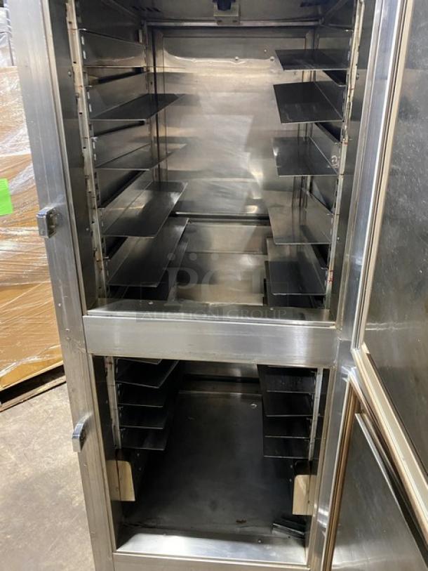 Victory commercial stainless steel Dutch door pass-thru warming cabinet, model HA-1D-7-PT, with wide pan slides, on legs.
