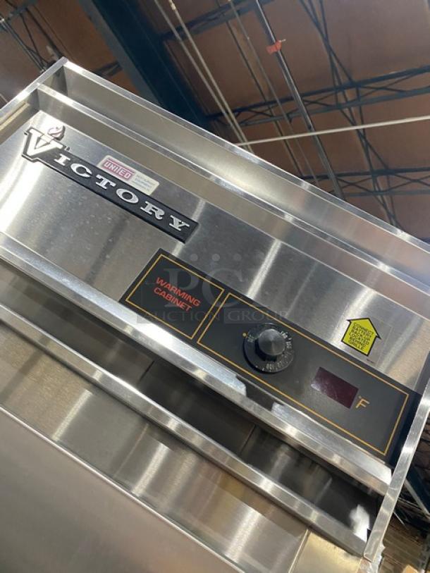 Victory Stainless Steel Dutch Door Warming Cabinet, Model HA1D7PT. Features control knob, thermometer; excellent condition.