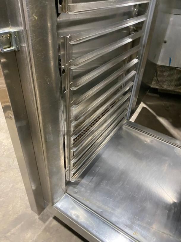 Victory Commercial Stainless Steel Pass-Thru Heated Cabinet with Pan Slide, Model HS-1D-PT, on legs, 230V 1 Phase.
