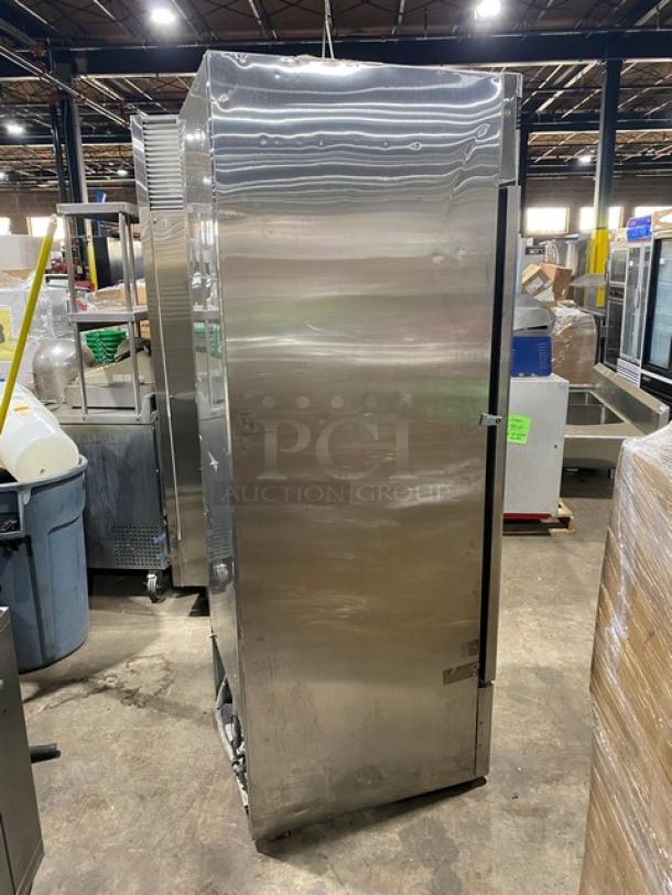Turbo Air Deluxe TSR-23D stainless steel single door reach-in refrigerator in fair condition, model label visible.