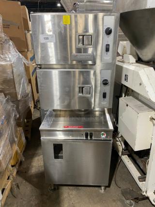 Cleveland Range Classic Series 24CEM24 dual-compartment 6-pan convection steamer, stainless steel, electric, boiler base, on legs.