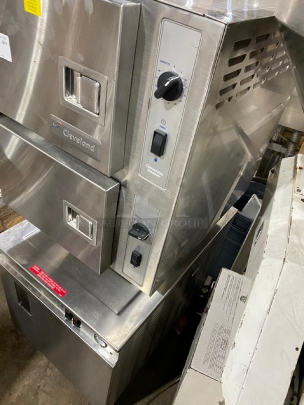 Cleveland Range Classic Series 24CEM24 stainless steel convection steamer, dual-compartment, boiler base, electric, on legs.