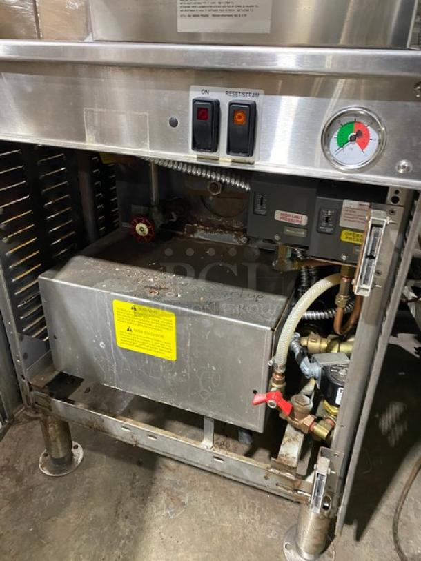 Cleveland Range 24CEM24 electric convection steamer, dual-compartment, stainless steel, 6-pan capacity, boiler base, on legs, 208/220V 3 phase.