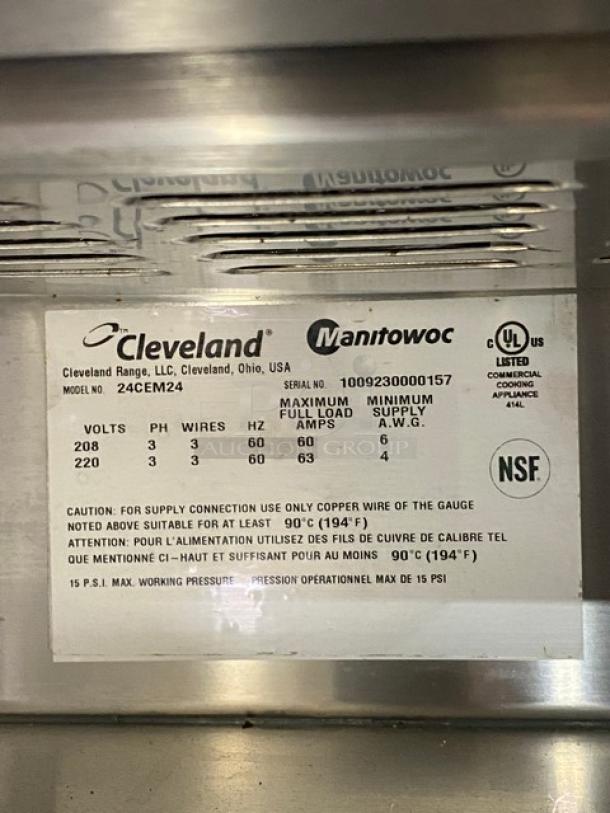 Cleveland Range Classic Series commercial stainless steel 6-pan convection steamer, model 24CEM24, with boiler base, SN 1009230000157.